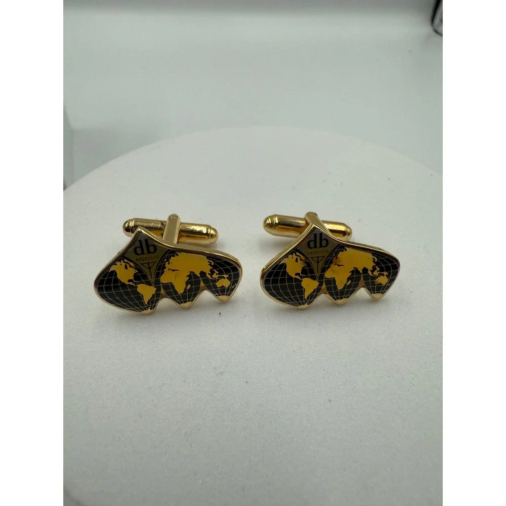 Vintage db Products Cufflinks Gold Tone World Map Enamel Mens Business Jewelry